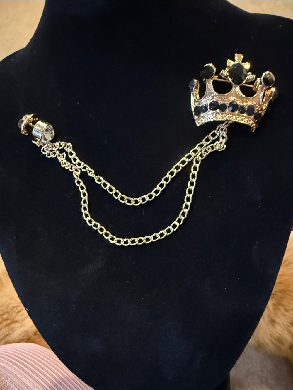 Gold Crown Chain Brooch with Black Stones